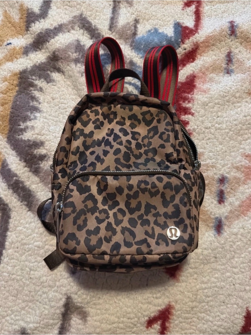 lululemon athletica Brown Leopard Print Mini Backpack with Red-Striped Straps